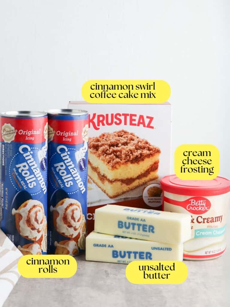 Cinnamon roll dump cake ingredients labeled.
