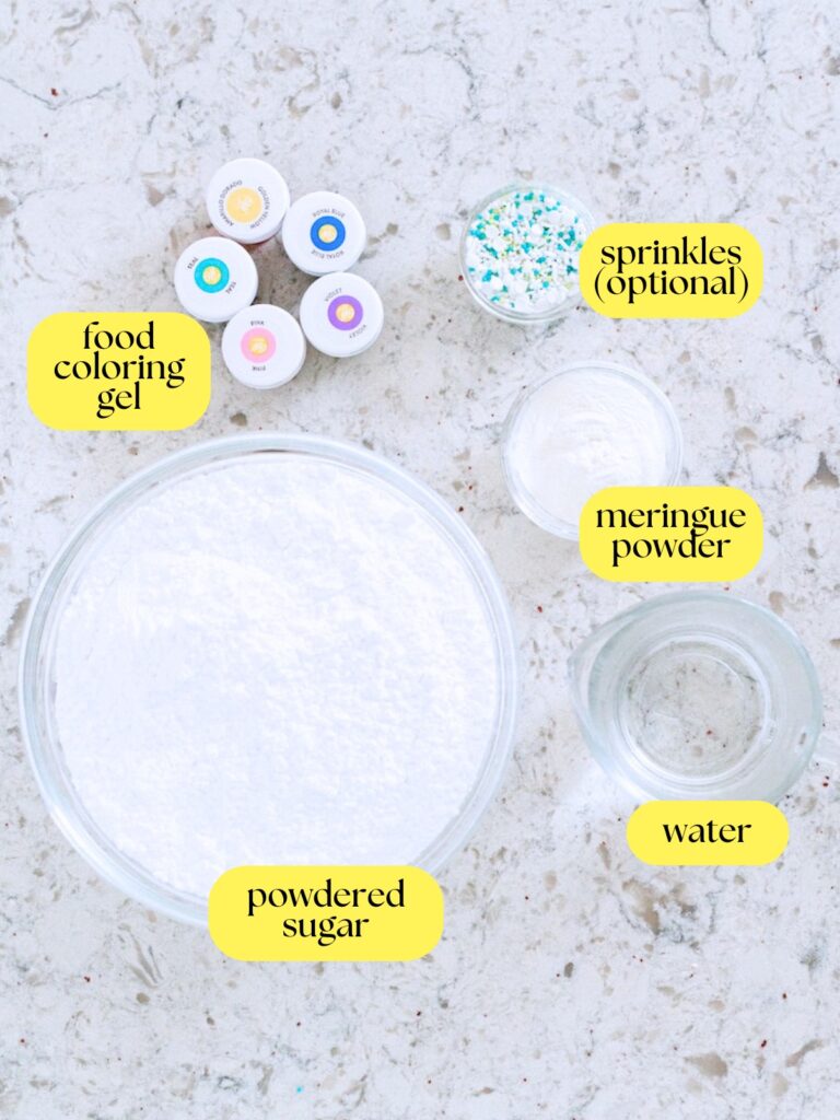 Ovaerhead shot of Easter Sugar Cookies icing labeled ingredients.