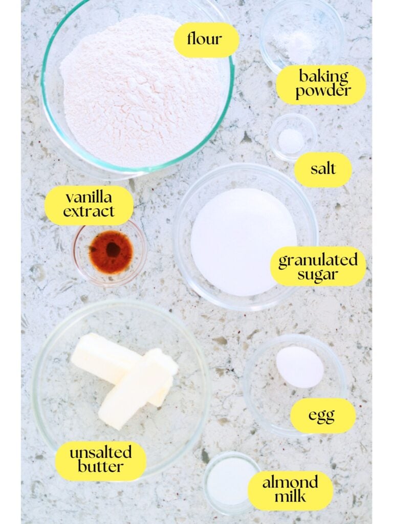 Overhead shot of Easter Sugar Cookies labeled ingredients.