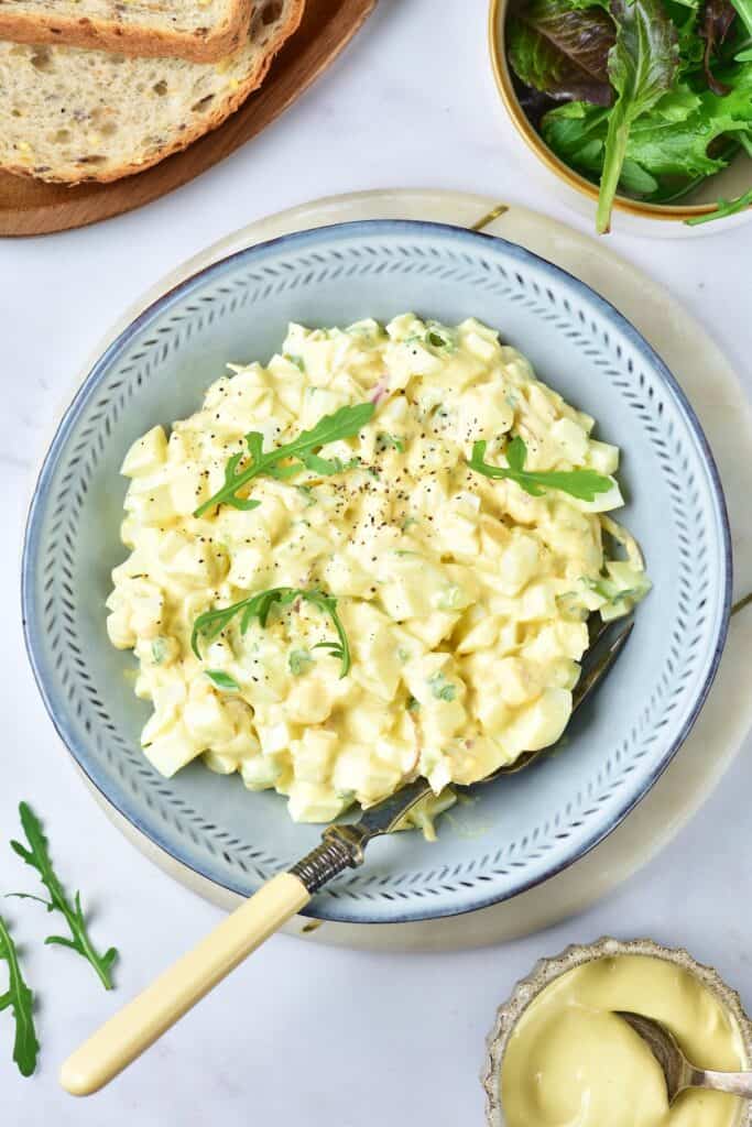 Overhead shot of egg salad in serving bowl.
