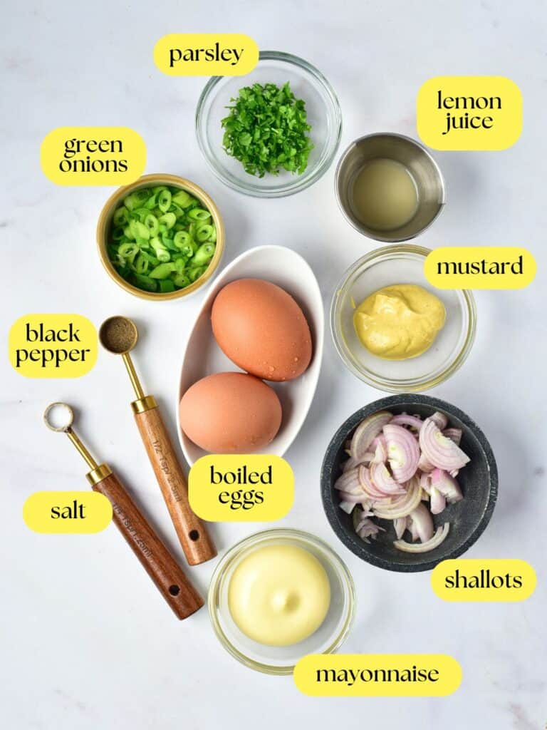 Overhead shot of egg salad labeled ingredients.