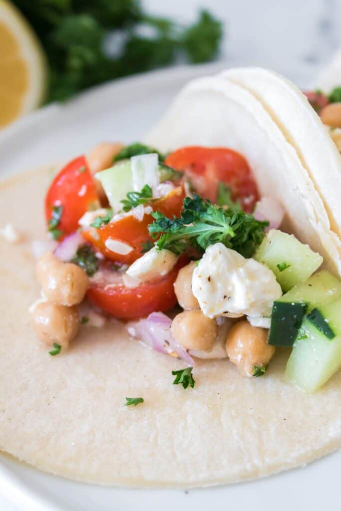 Chickpea Salad, closeup shot in tortilla.
