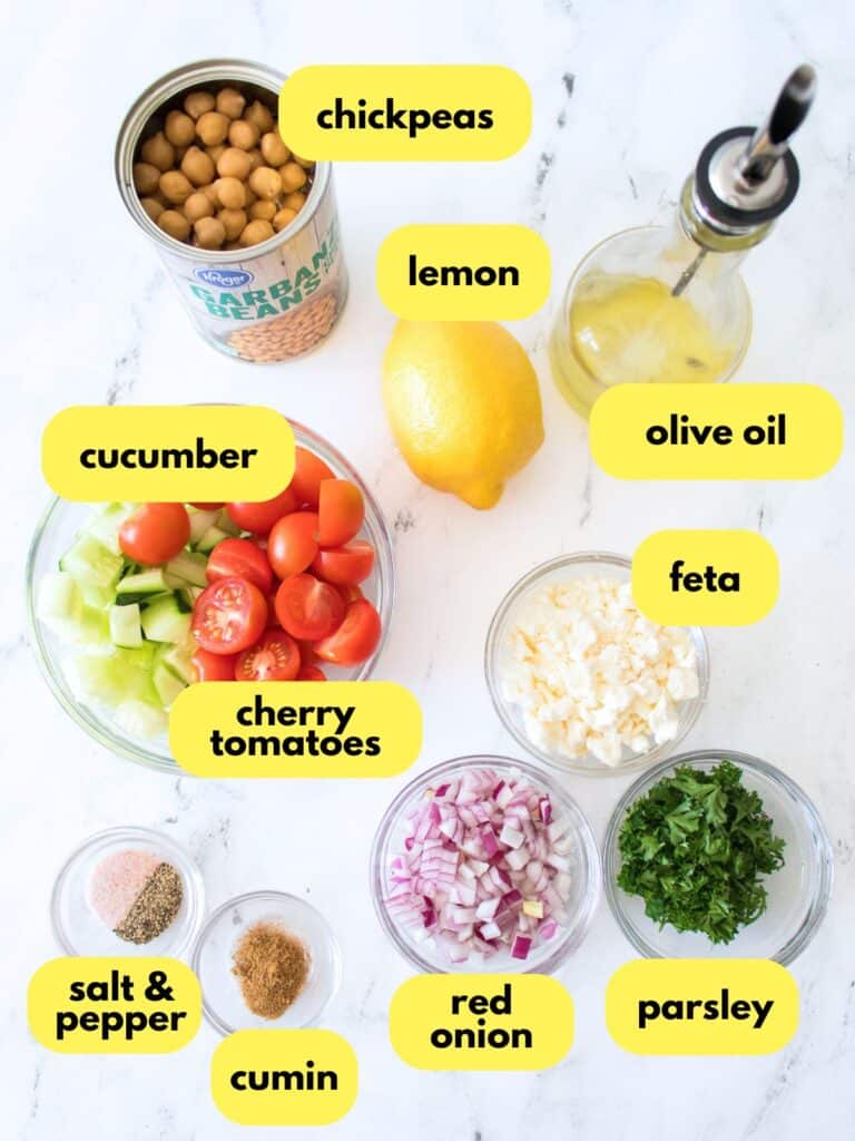 Overhead shot of Chickpea Salad ingredients, labeled.