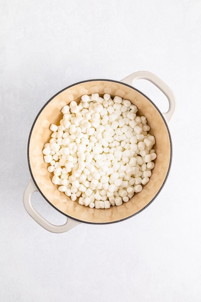 Halloween Rice Krispie Treats in process, marshmallows in pot.