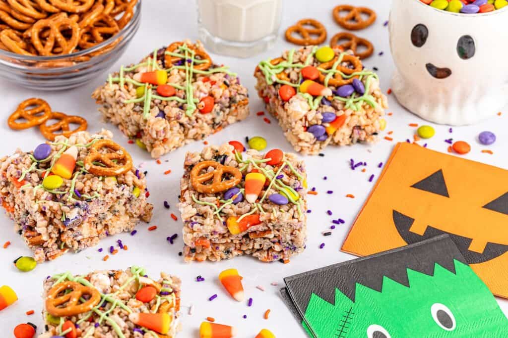 Halloween Rice Krispie Treats pieces with Halloween napkins.