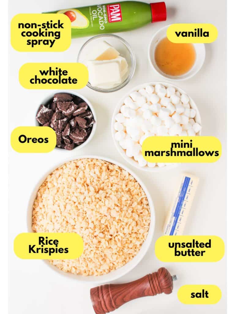 Oreo Rice Krispies ingredients, labeled, overhead shot.