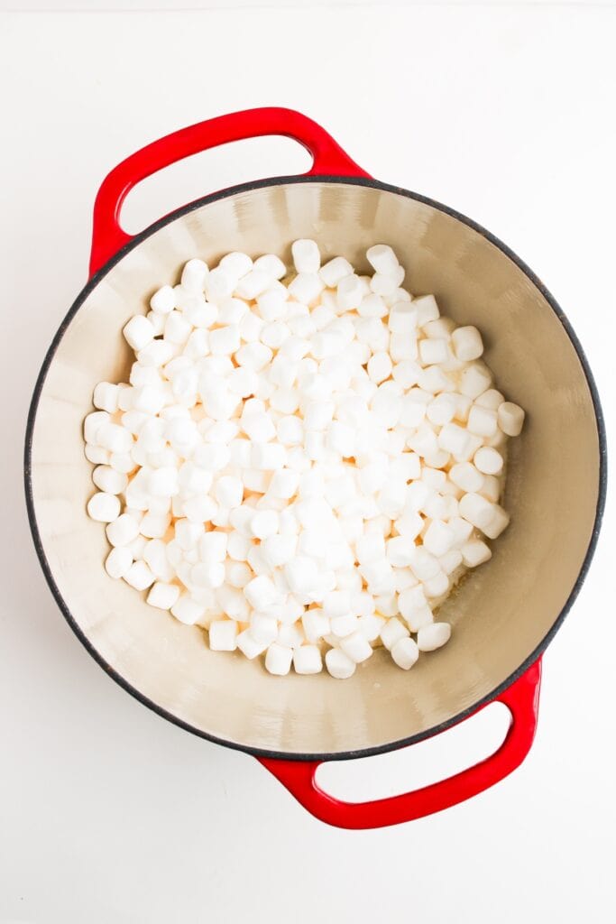 Oreo Rice Krispies marshmallows in pot, overhead shot.