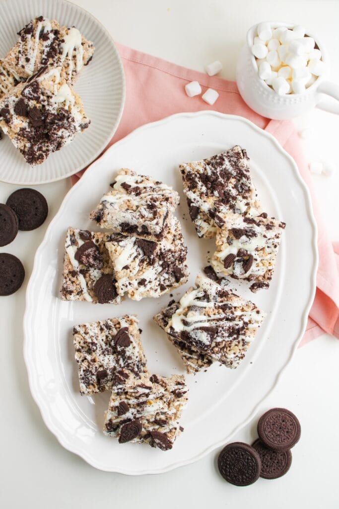 Oreo Rice Krispies pieces on tray, overhead shot.