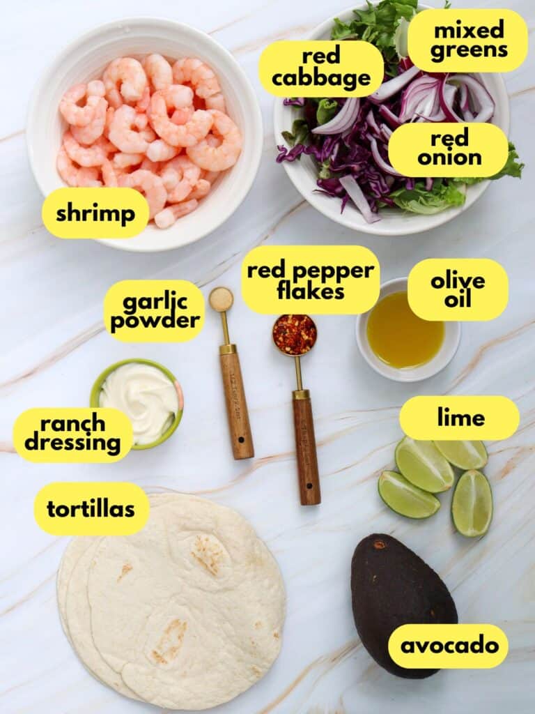 Spicy Shrimp Tacos ingredients labeled, overhead shot.