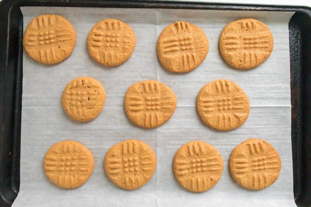 3 Ingredient Peanut Butter Cookies on baking tray, finished.