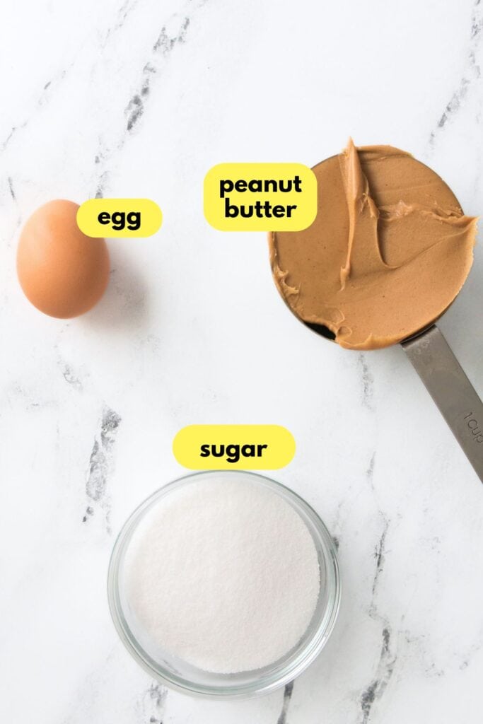 3 Ingredient Peanut Butter Cookies ingredients labeled, overhead.