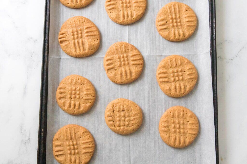 3 Ingredient Peanut Butter Cookies on baking tray, finished.