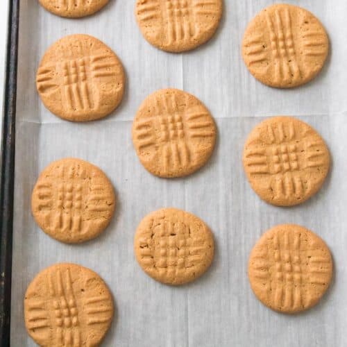 3 Ingredient Peanut Butter Cookies on baking tray, finished.