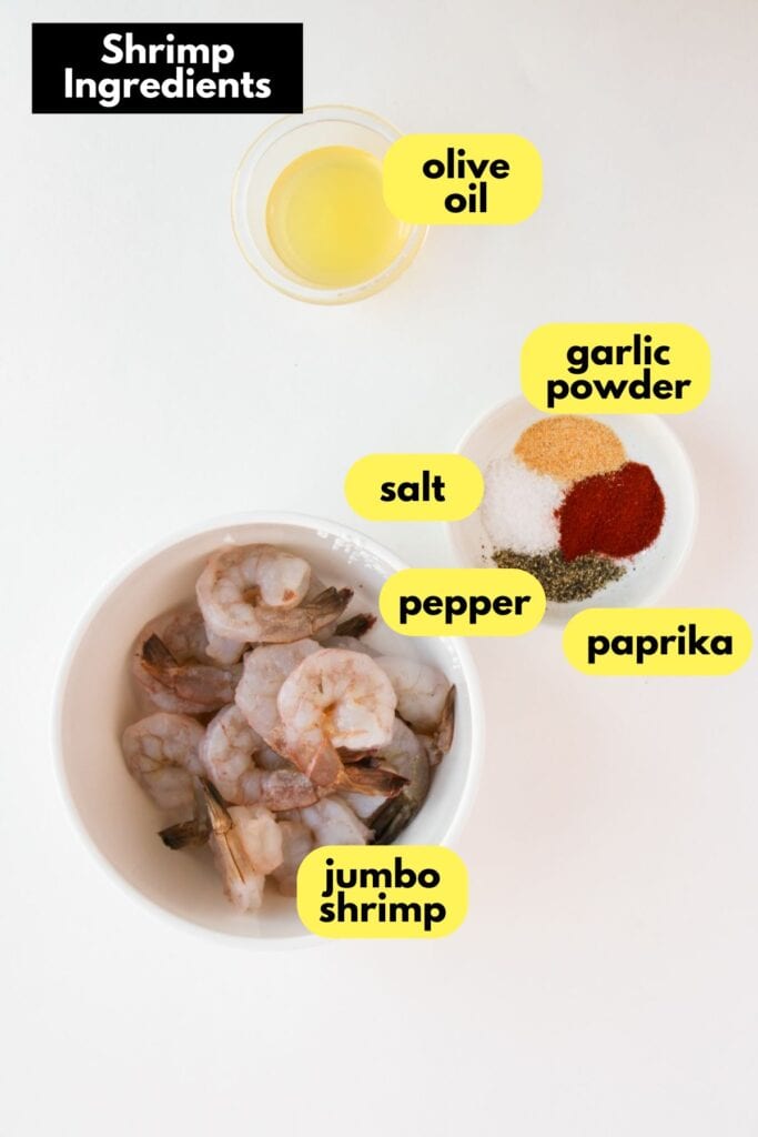 Chimichurri Shrimp recipe ingredients, Shrimp ingredients, labeled, overhead shot.