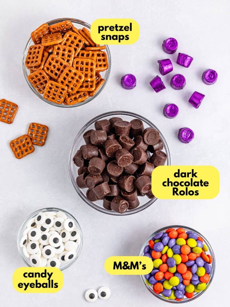 Halloween Rolo Pretzels ingredients, labeled, overhead.