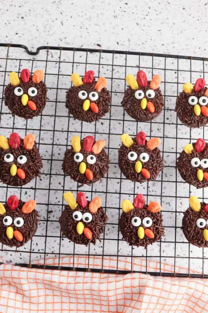 Mini Turkey Cupcakes, in process overhead shot of completely cupcakes on cooling rack.