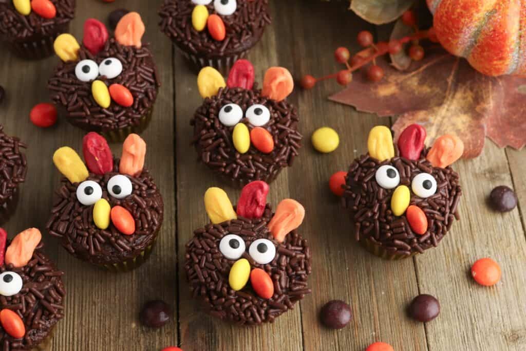 Mini Turkey Cupcakes on wood background.