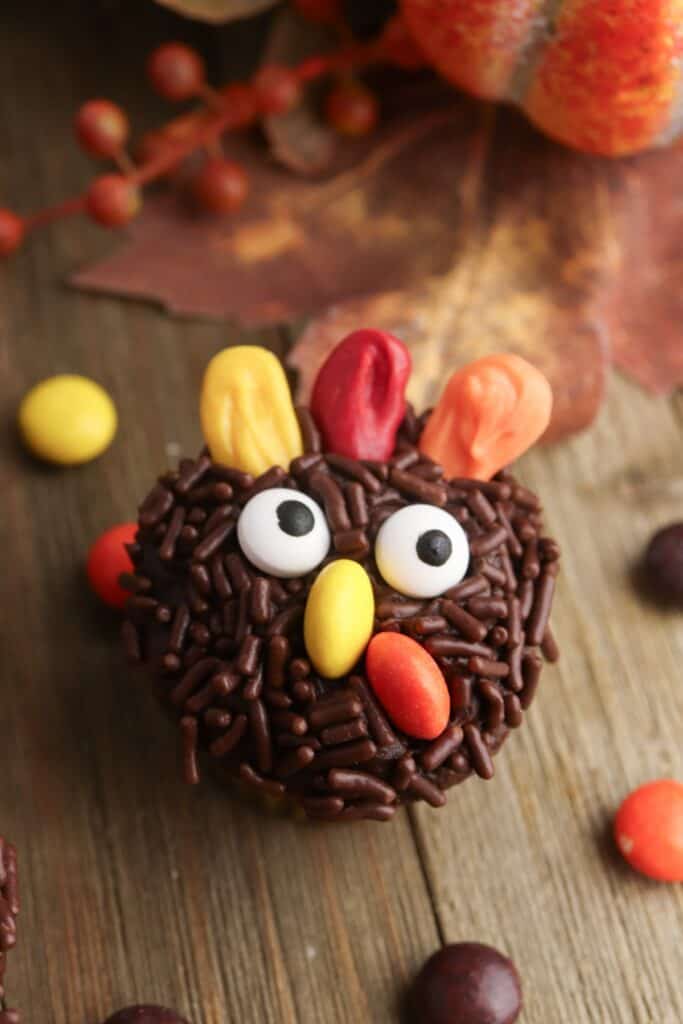 Mini Turkey Cupcakes, single cupcake on wood background.