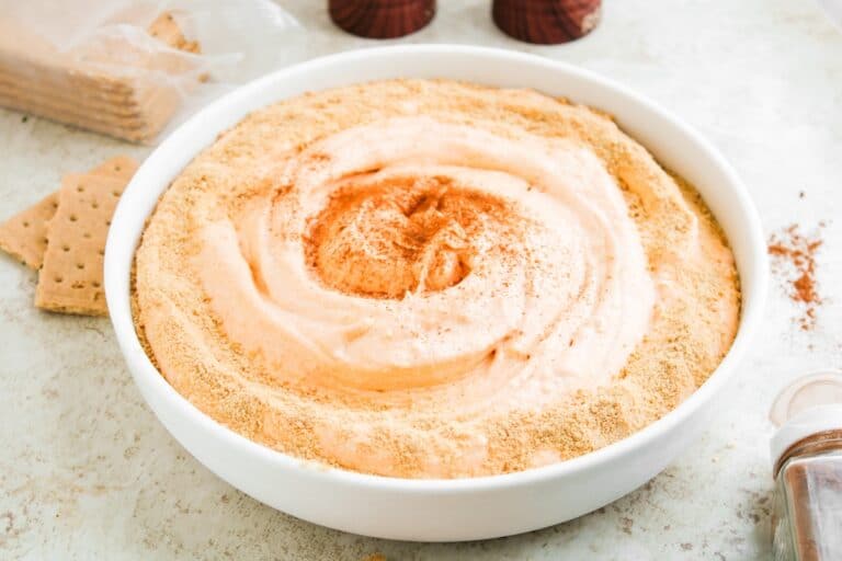 Pumpkin Pie Dip in white serving bowl.