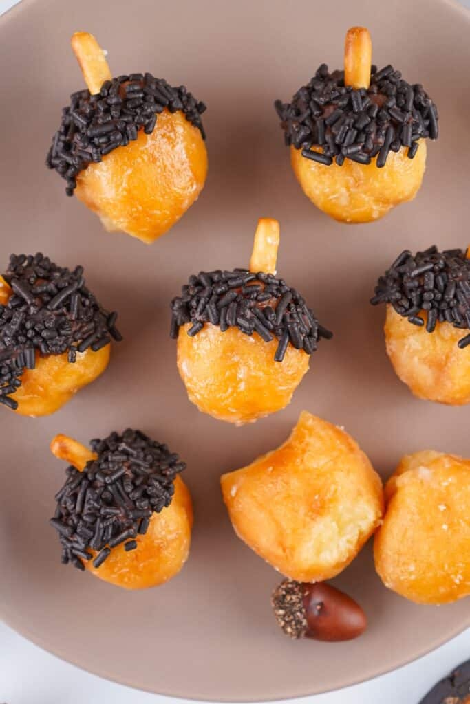 Acorn Donut Holes, close-up on plate.