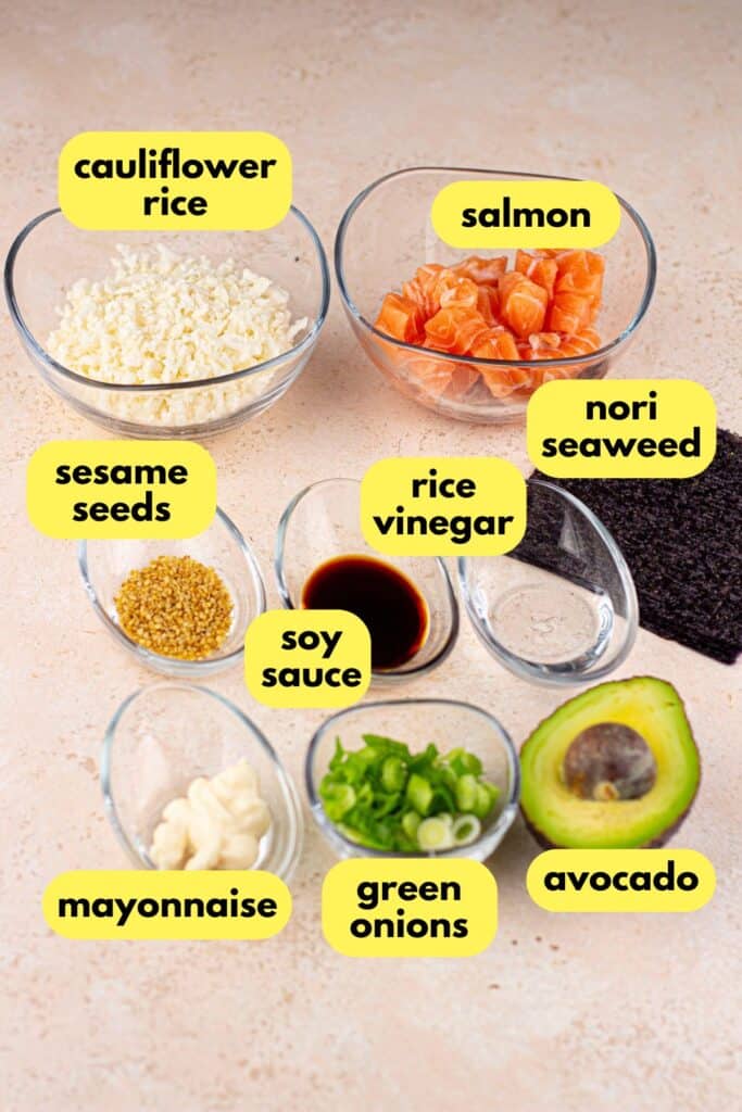 Baked Salmon Sushi Cups, labeled ingredients.