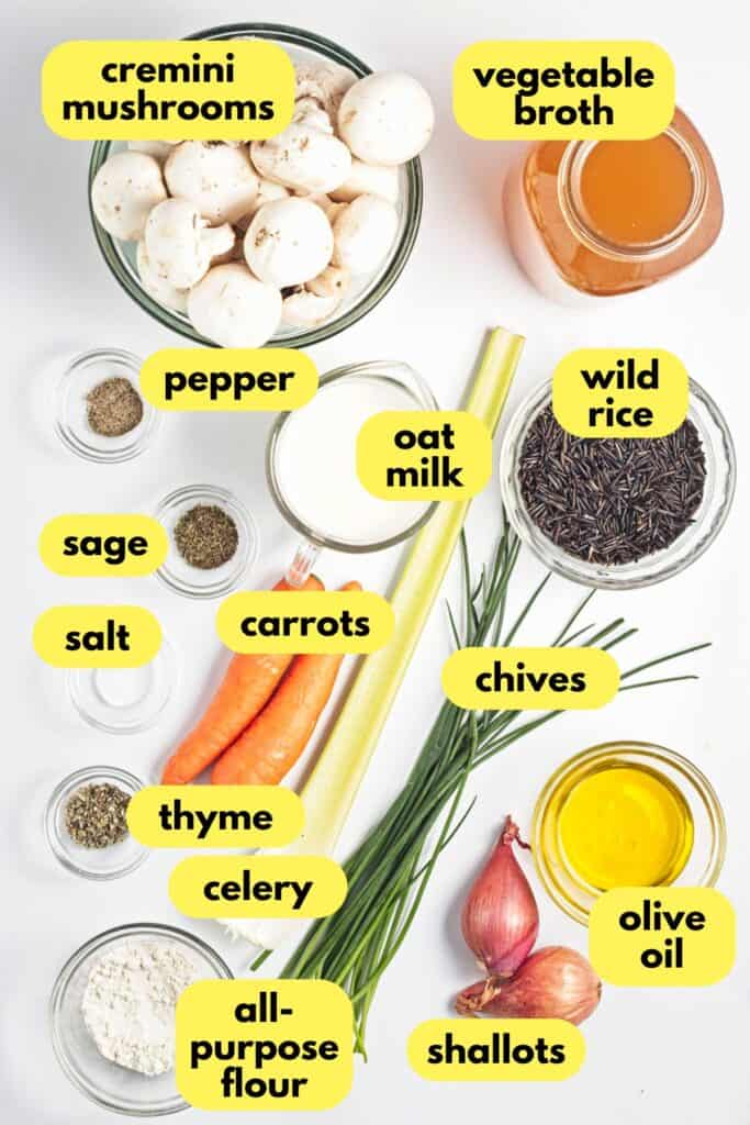 Creamy Mushroom Wild Rice Soup, in process, labeled ingredients.
