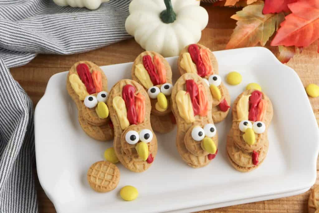 Nutter Butter Turkey Cookies on white serving tray.
