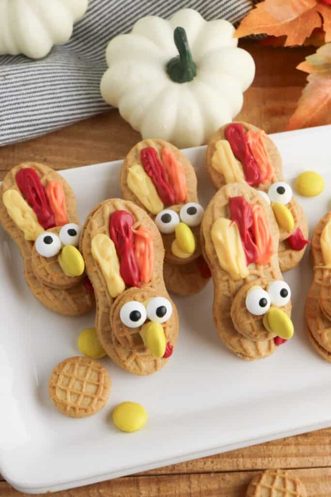 Nutter Butter Turkey Cookies on white serving tray.