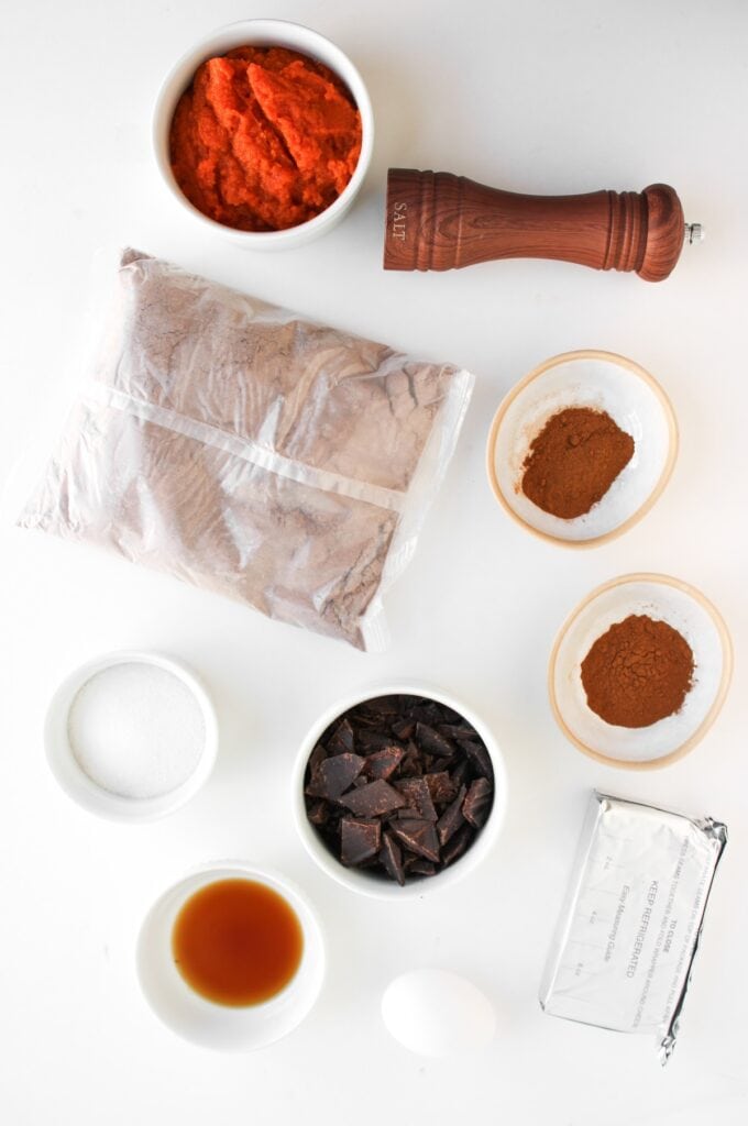 Pumpkin Spice Fudgy Brownies ingredients, overhead shot.