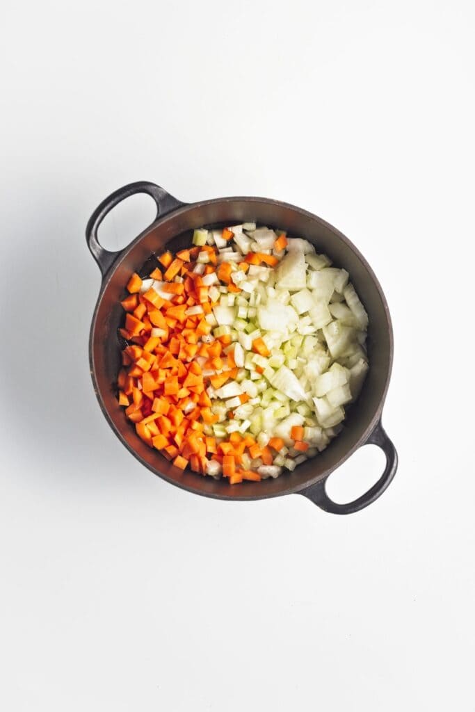 Red Lentil Coconut Soup, in process, vegetables in pot.