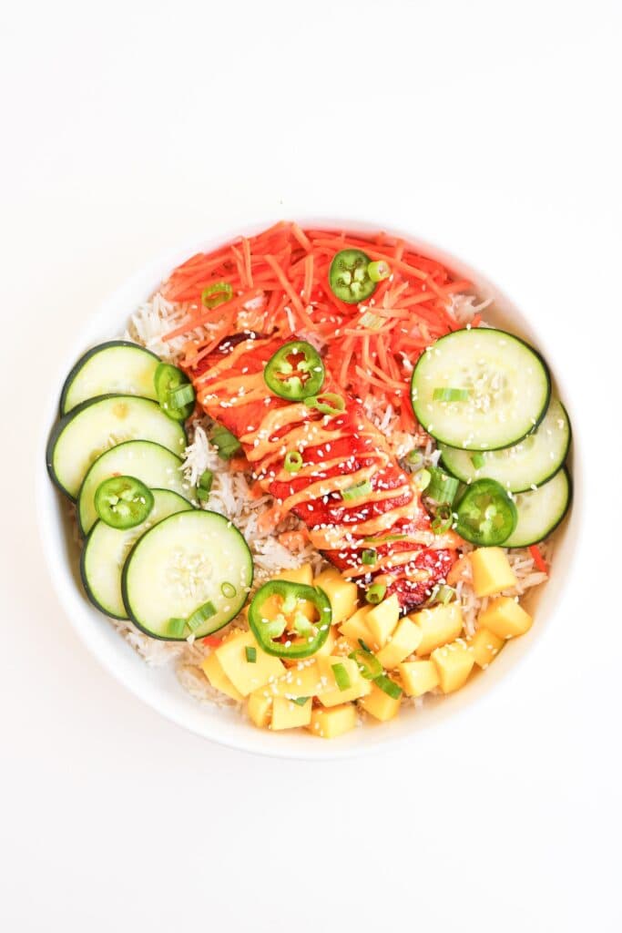 Spicy Salmon Bowl, in process, completed bowl, overhead shot.