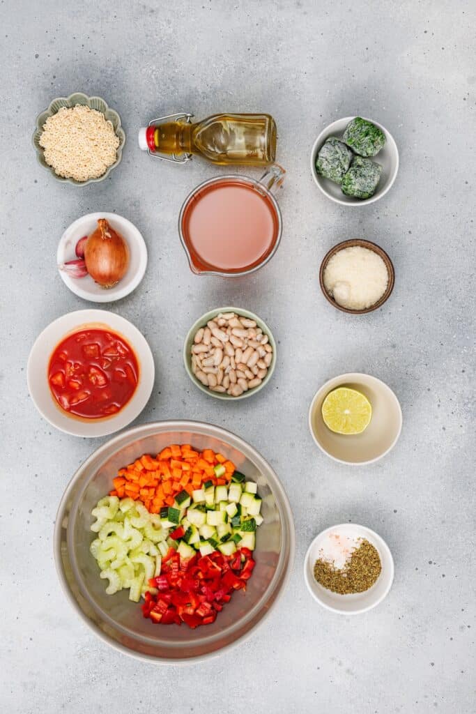 Veggie Minestrone Soup, in process, ingredients, overhead shot.
