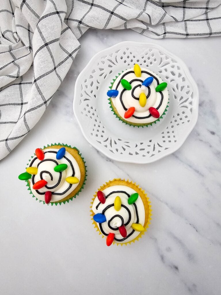 Three Christmas Light Cupcakes, overhead shot.