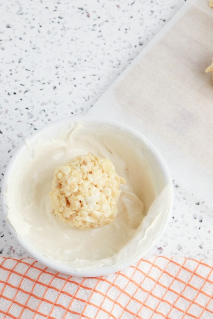 Ghost Rice Krispie Treats, in process, Rice Krispie mixture shaped into a ball.