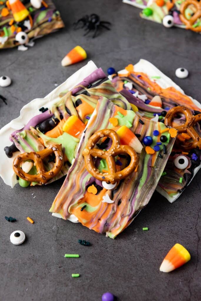 Halloween Candy Bark on a dark background.