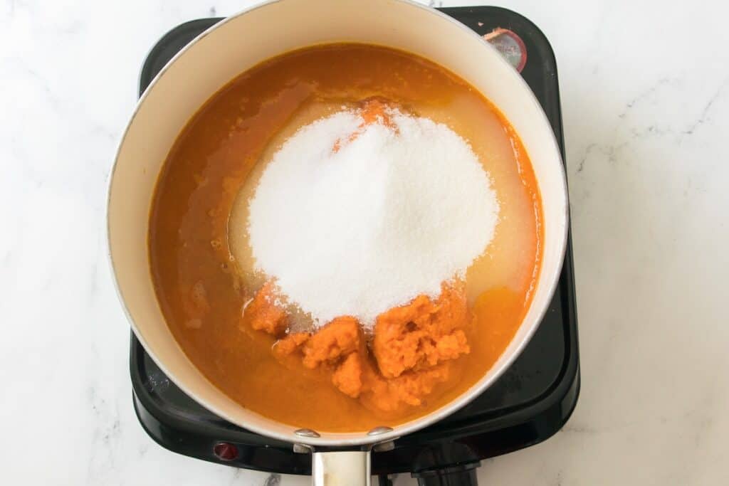 Homemade Pumpkin Butter, in process, raw ingredients in pot.