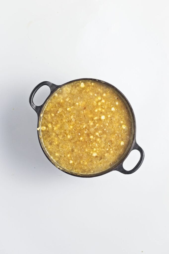Miso Corn Soup, in process, adding broth to soup.