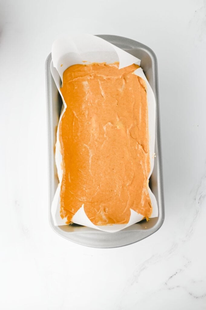 Pumpkin Cream Cheese Bread, in process, finished batter in loaf pan.