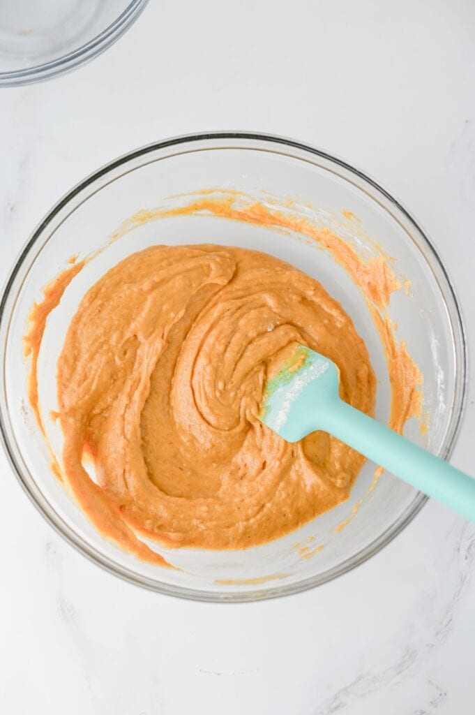 Pumpkin Cream Cheese Bread, in process, finished batter in mixing bowl.