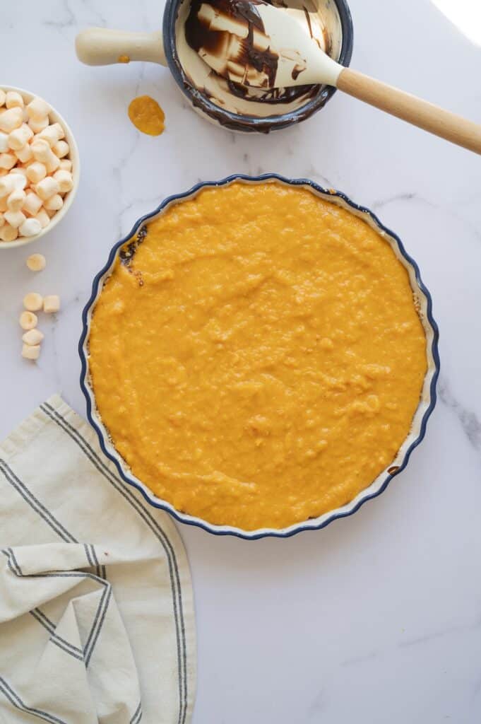 Baked Chocolate Sweet Potato Pie with Marshmallow Topping, in process, sweet potato filling in pie crust.