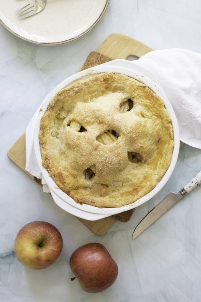Double-Crust Honeycrisp Apple Pie, in process, baked apple pie.