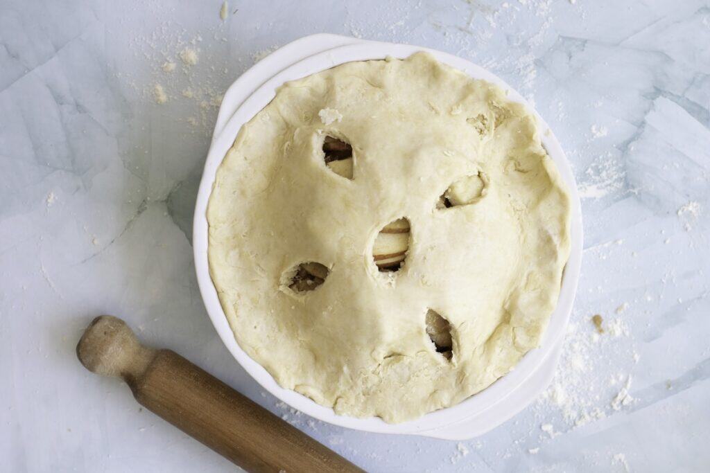 Double-Crust Honeycrisp Apple Pie, in process, ready to bake pie.