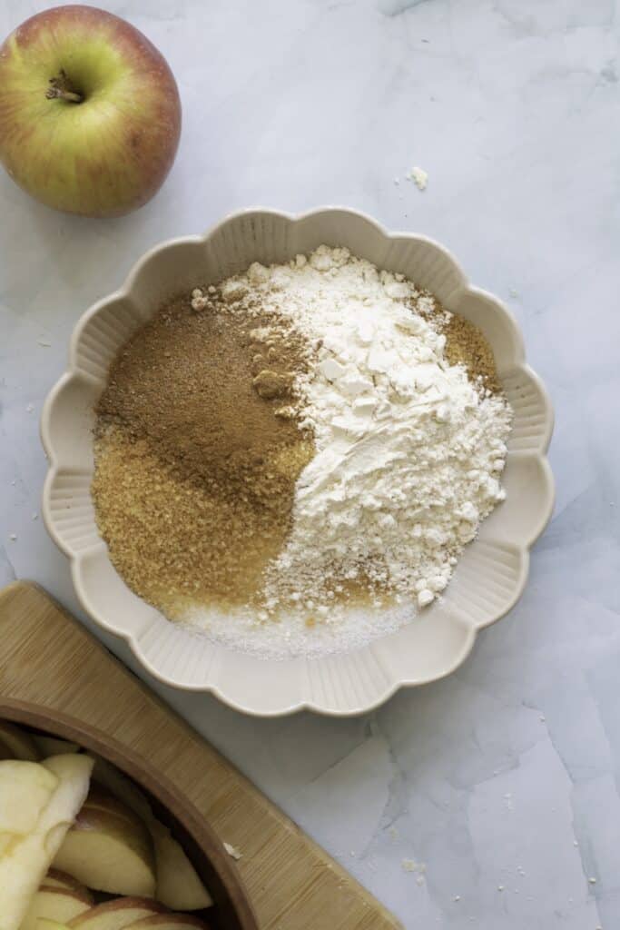 Double-Crust Honeycrisp Apple Pie, in process, apple pie filling dry ingredients.