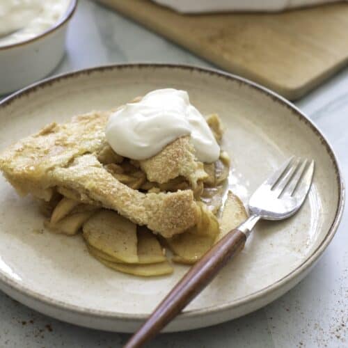 Double-Crust Honeycrisp Apple Pie, piece of pie with fork on plate.