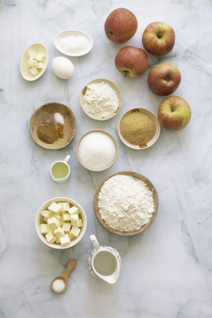 Double-Crust Honeycrisp Apple Pie ingredients, overhead.