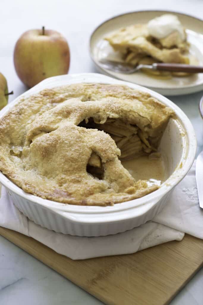 Double-Crust Honeycrisp Apple Pie with piece removed.