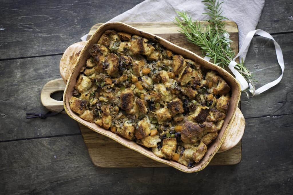 Homemade Herb and Vegetable Stuffing in baking dish.