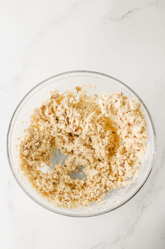 Pecan Snowball Cookies, in process, batter in mixing bowl.