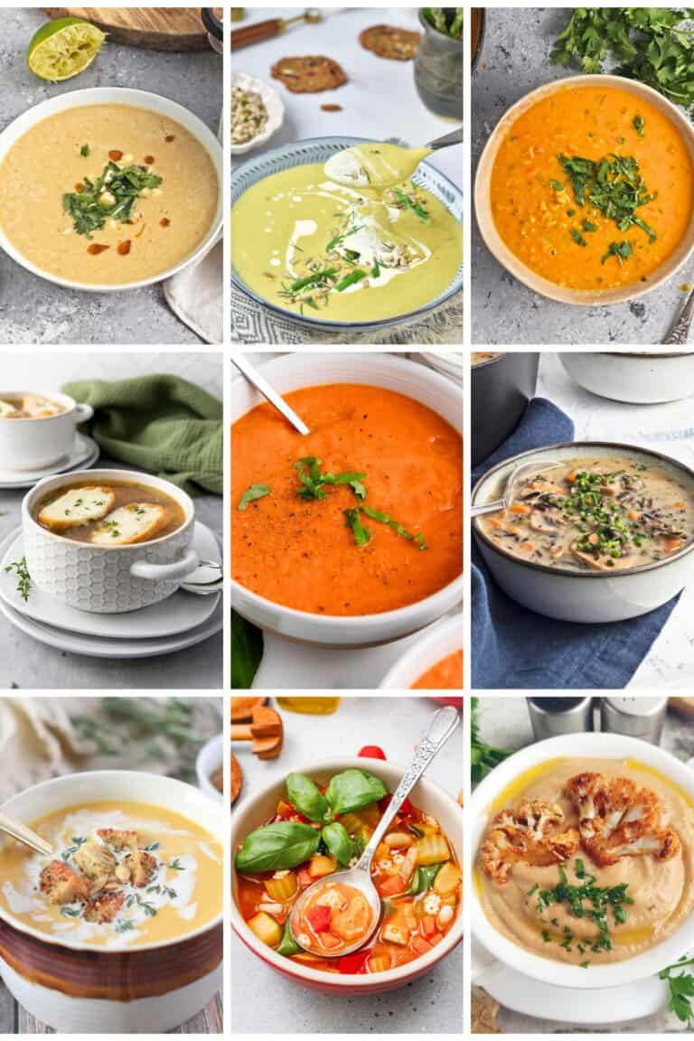 Soup recipes collage of 9 soups.